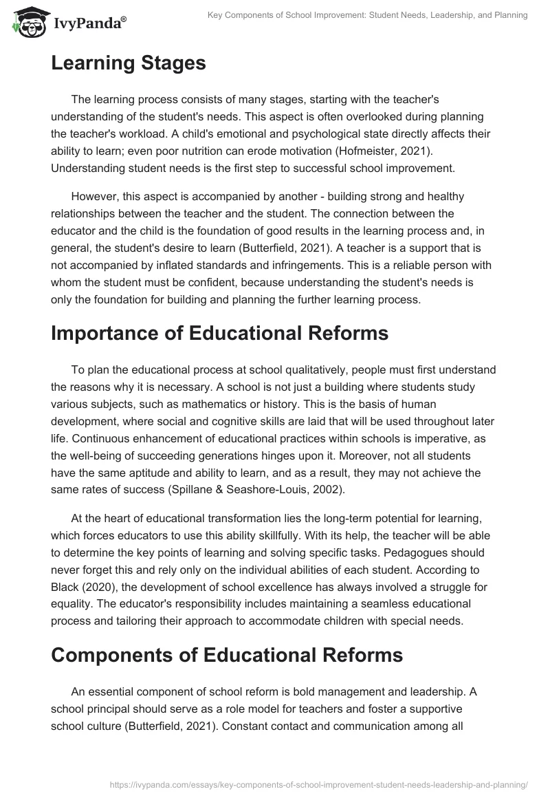 Key Components of School Improvement: Student Needs, Leadership, and Planning. Page 2