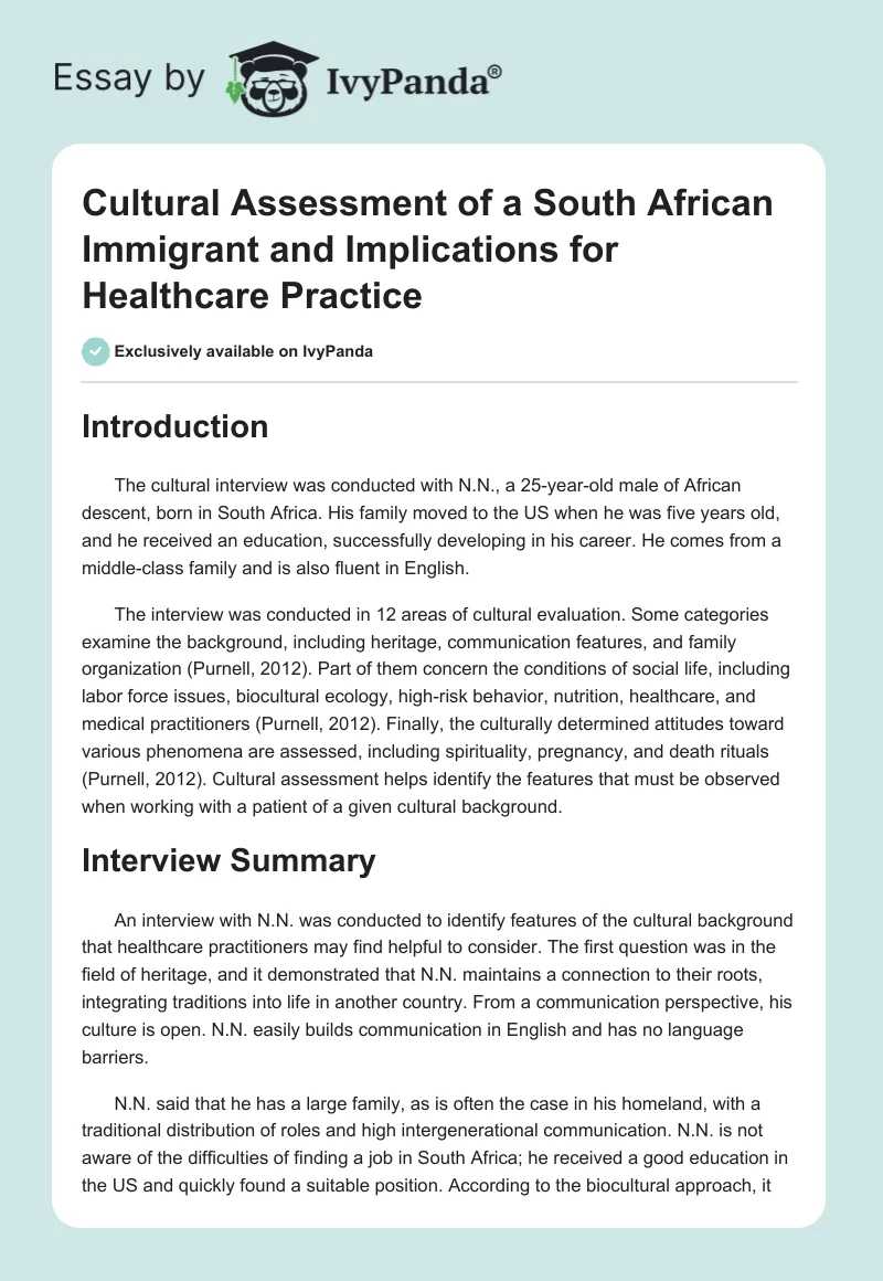 Cultural Assessment of a South African Immigrant and Implications for Healthcare Practice. Page 1
