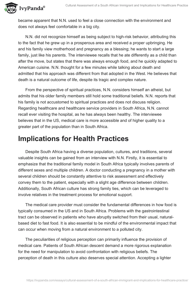 Cultural Assessment of a South African Immigrant and Implications for Healthcare Practice. Page 2