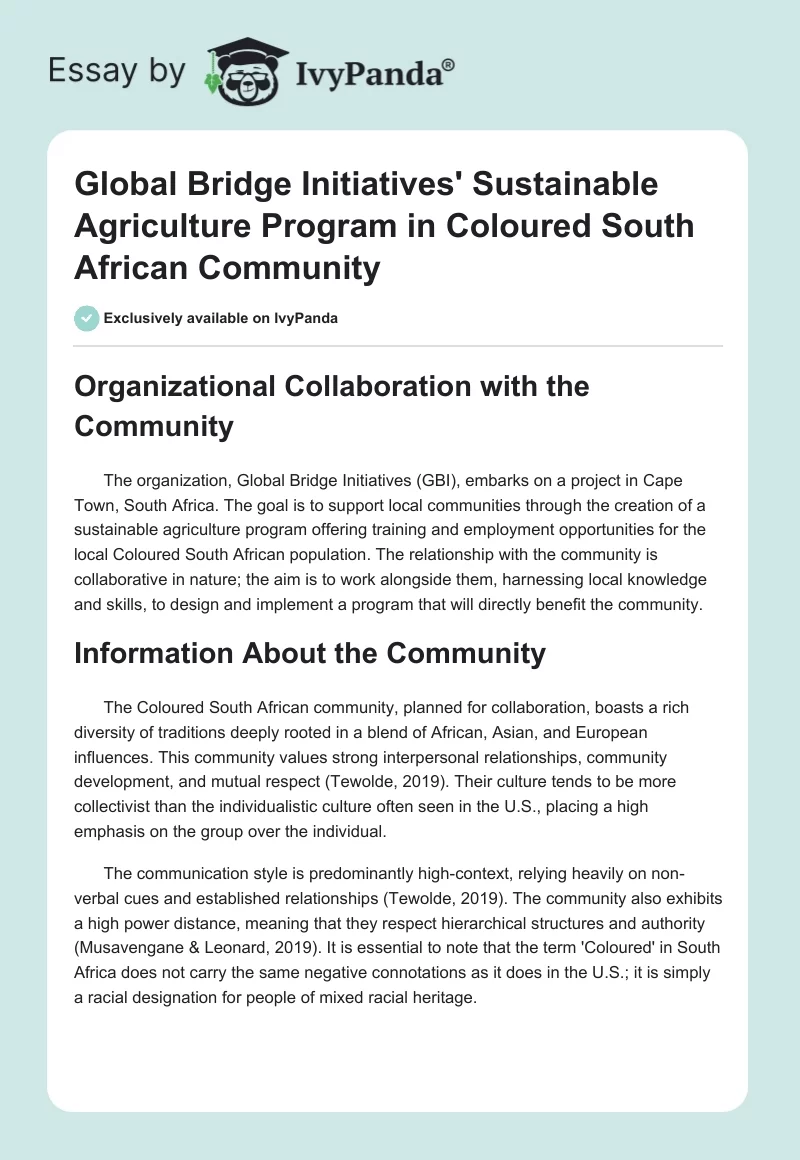 Global Bridge Initiatives' Sustainable Agriculture Program in Coloured South African Community. Page 1