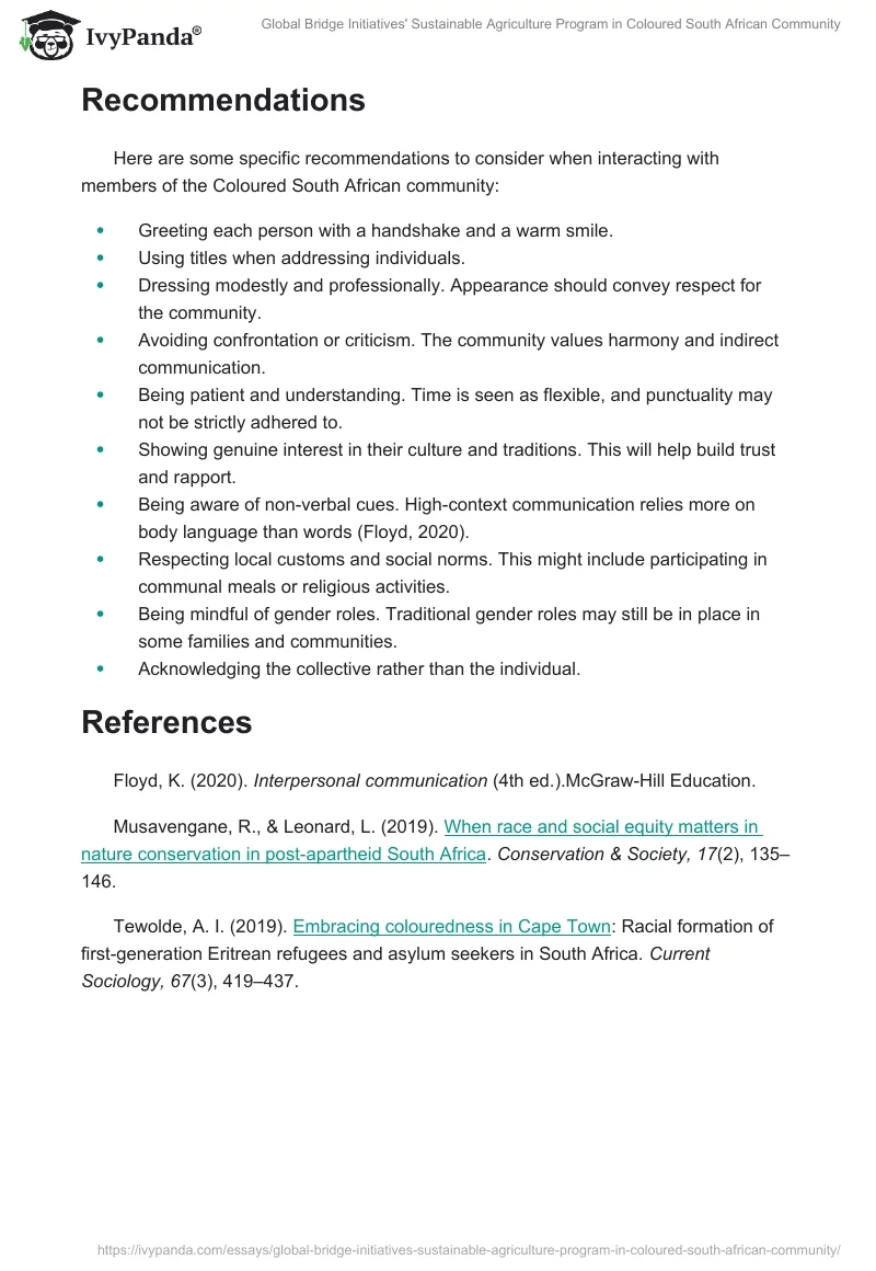 Global Bridge Initiatives' Sustainable Agriculture Program in Coloured South African Community. Page 2