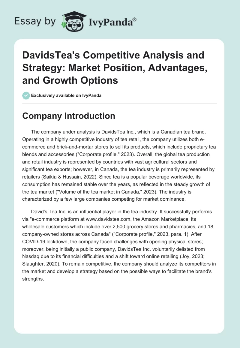 DavidsTea's Competitive Analysis and Strategy: Market Position, Advantages, and Growth Options. Page 1