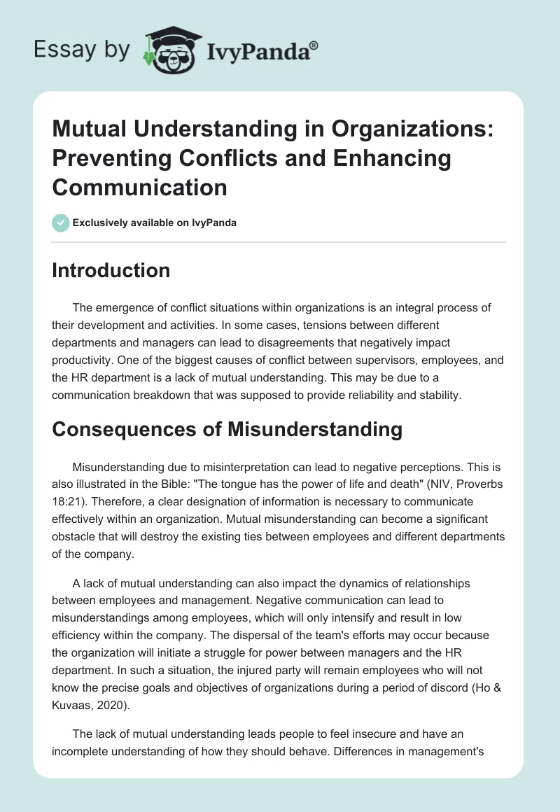 Mutual Understanding in Organizations: Preventing Conflicts and Enhancing Communication. Page 1