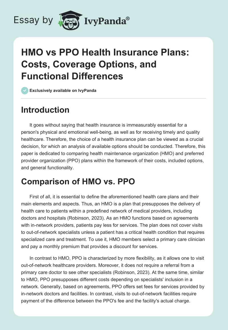 HMO vs PPO Health Insurance Plans: Costs, Coverage Options, and Functional Differences. Page 1