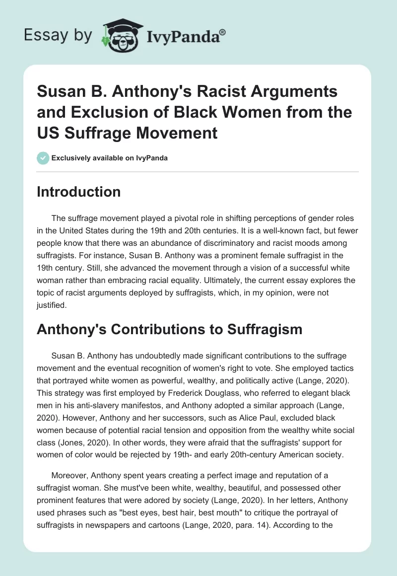 Susan B. Anthony's Racist Arguments and Exclusion of Black Women from the US Suffrage Movement. Page 1