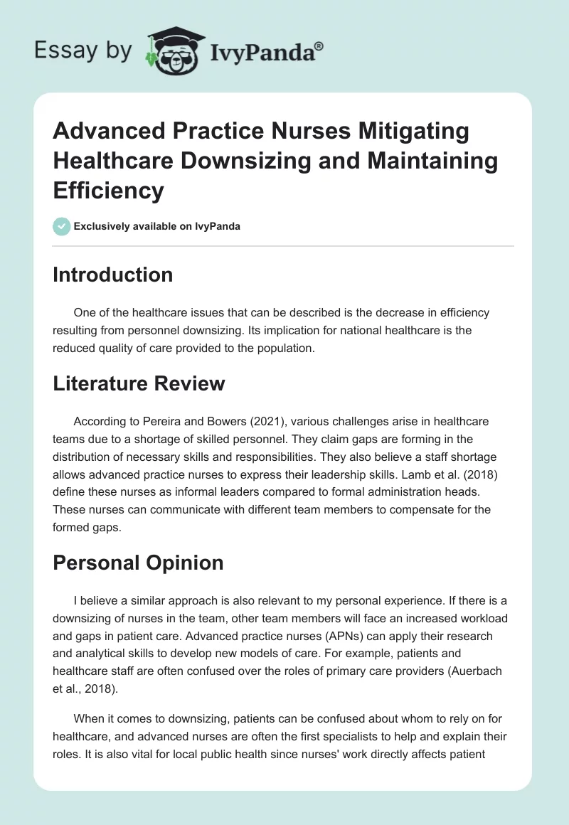 Advanced Practice Nurses Mitigating Healthcare Downsizing and Maintaining Efficiency. Page 1
