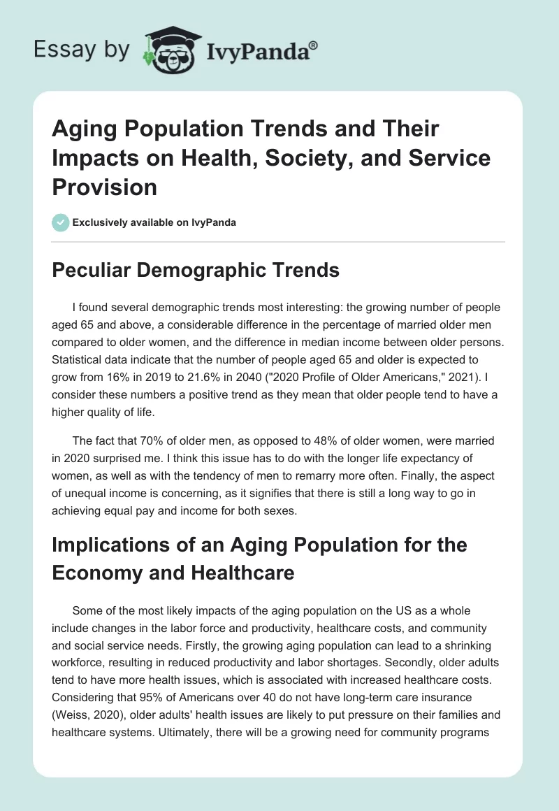 Aging Population Trends and Their Impacts on Health, Society, and Service Provision. Page 1