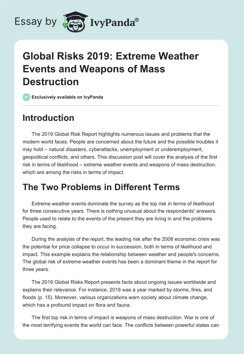 Global Risks 2019: Extreme Weather Events and Weapons of Mass Destruction. Page 1