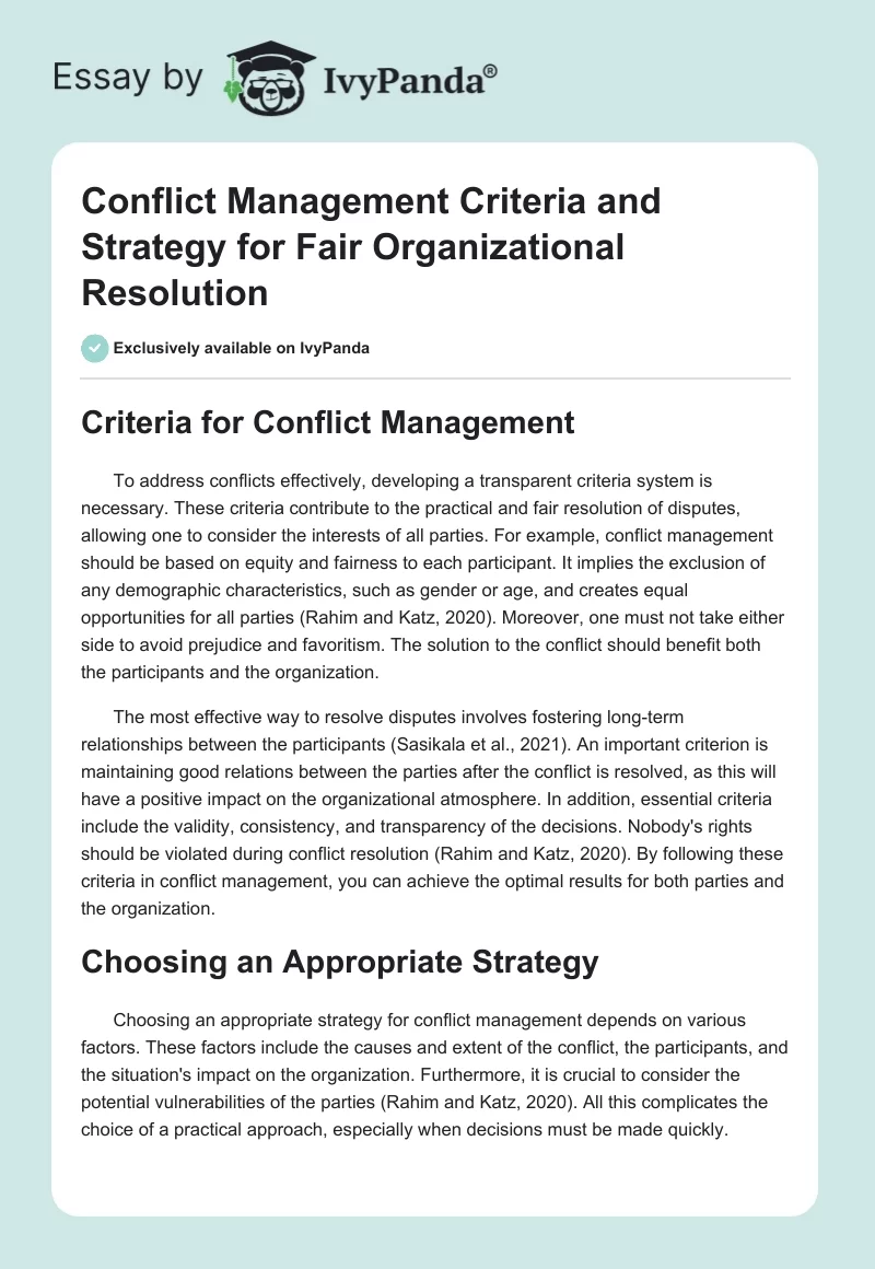 Conflict Management Criteria and Strategy for Fair Organizational Resolution. Page 1