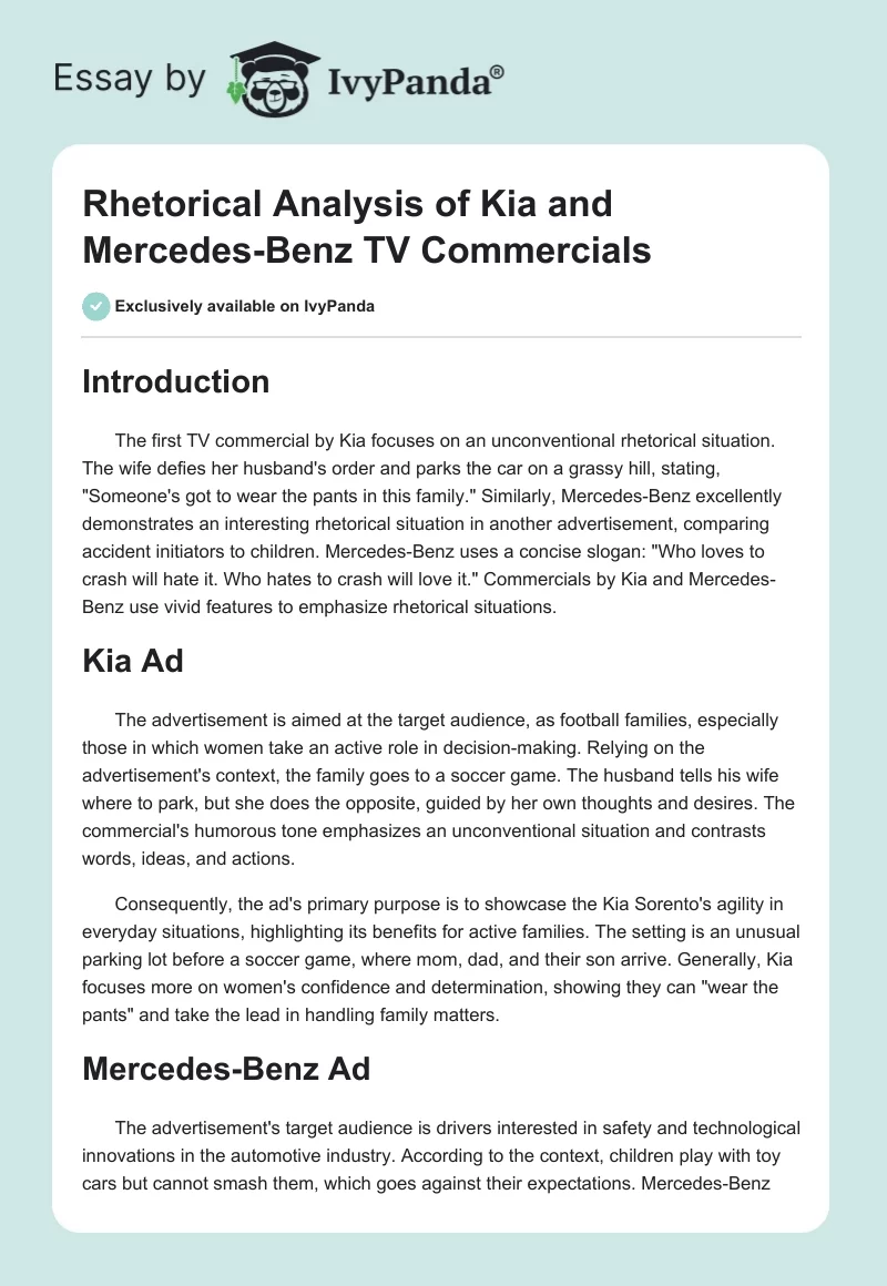 Rhetorical Analysis of Kia and Mercedes-Benz TV Commercials. Page 1