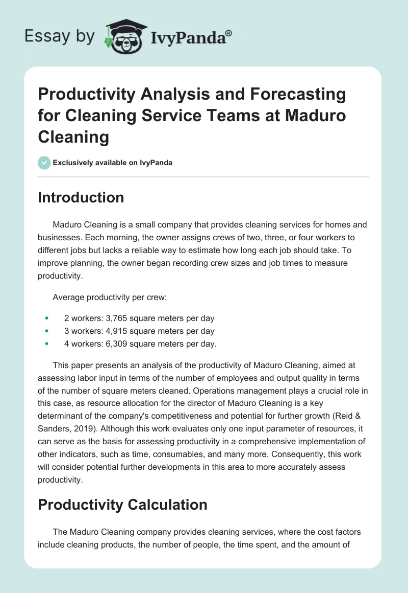 Productivity Analysis and Forecasting for Cleaning Service Teams at Maduro Cleaning. Page 1