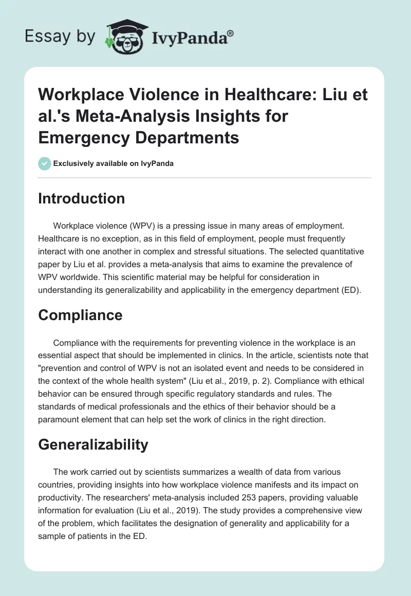Workplace Violence in Healthcare: Liu et al.'s Meta-Analysis Insights for Emergency Departments. Page 1