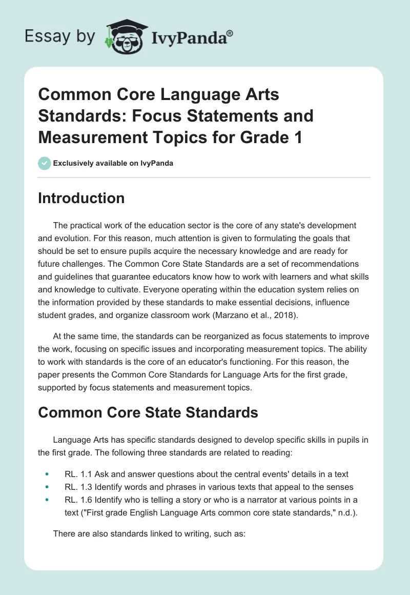 Common Core Language Arts Standards: Focus Statements and Measurement Topics for Grade 1. Page 1