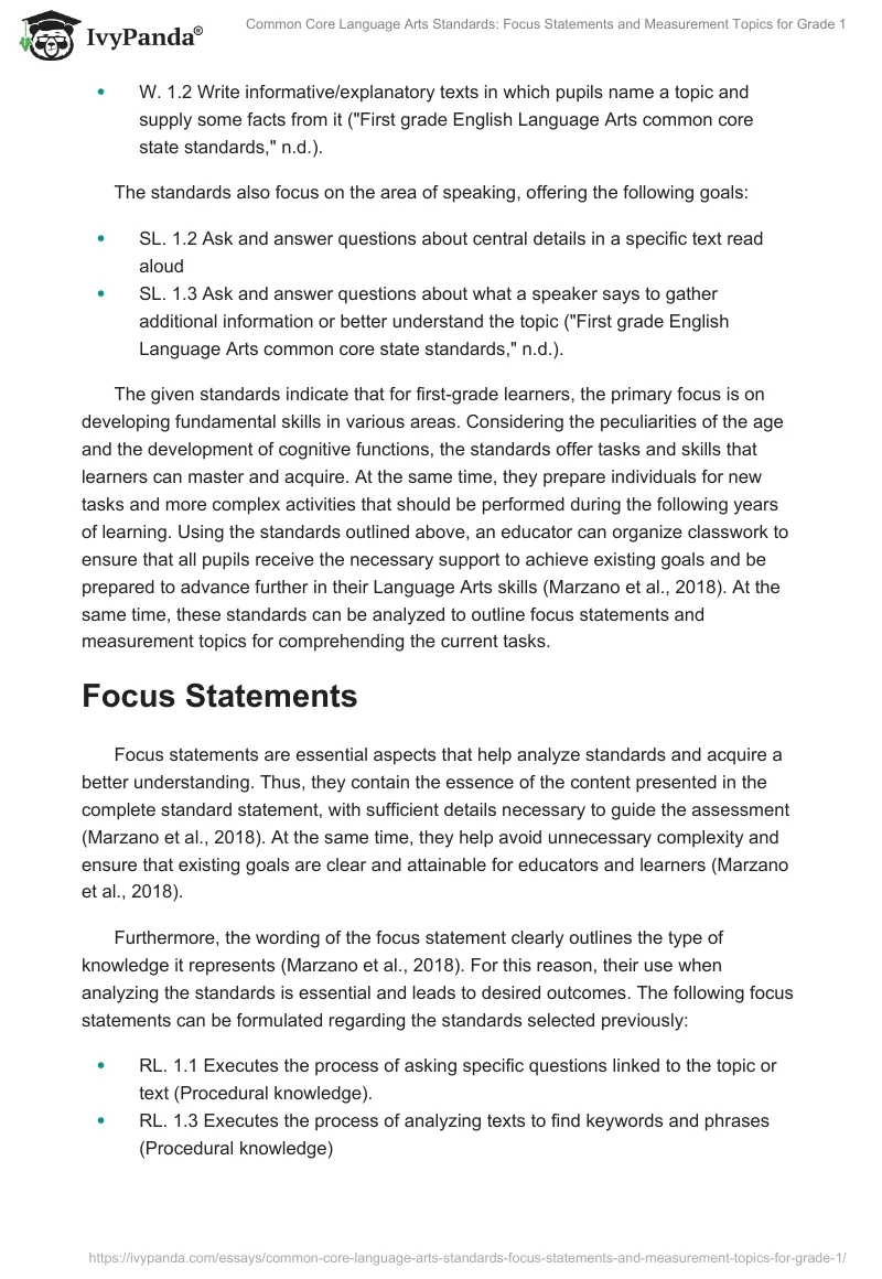 Common Core Language Arts Standards: Focus Statements and Measurement Topics for Grade 1. Page 2