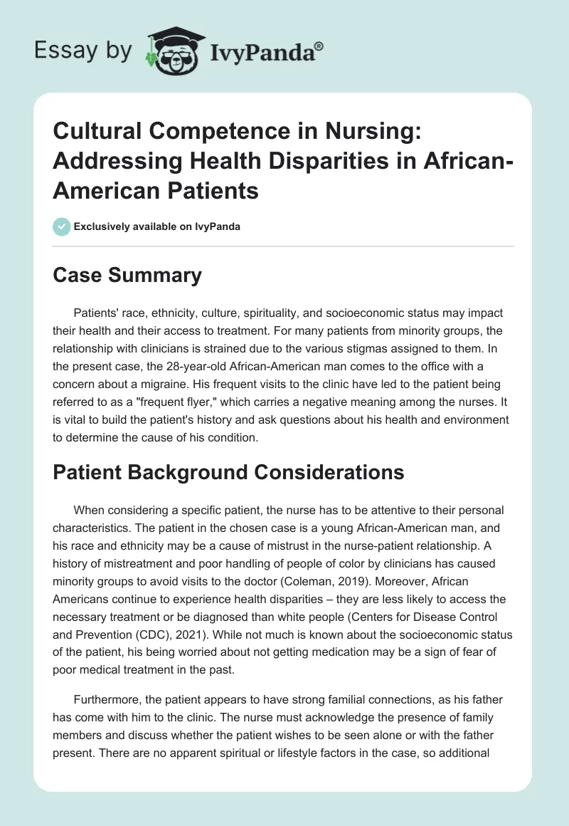 Cultural Competence in Nursing: Addressing Health Disparities in African-American Patients. Page 1