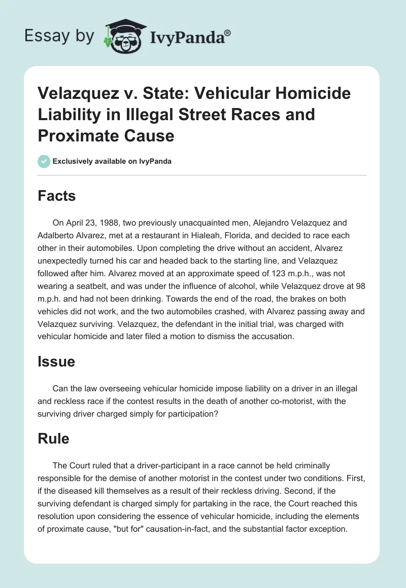 Velazquez v. State: Vehicular Homicide Liability in Illegal Street Races and Proximate Cause. Page 1