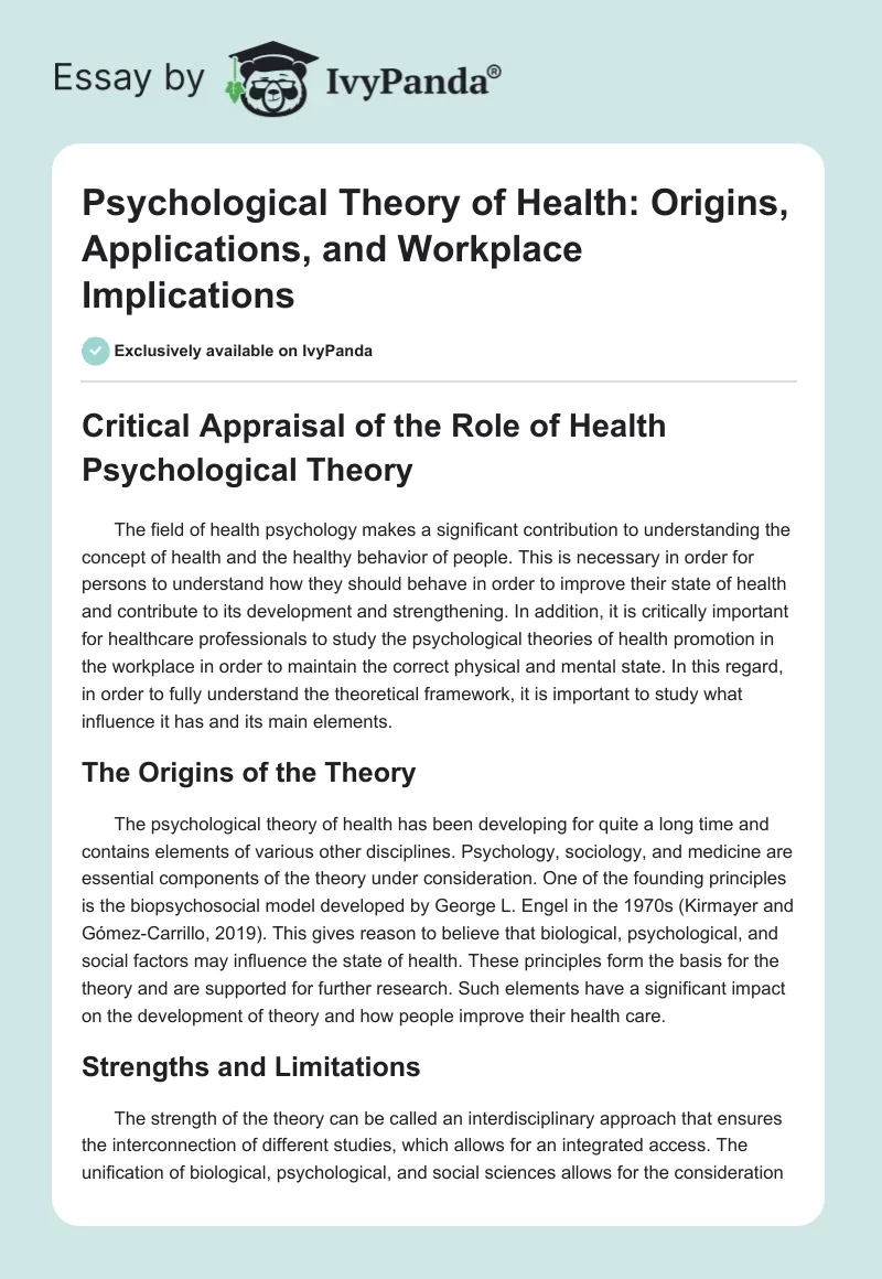 Psychological Theory of Health: Origins, Applications, and Workplace Implications. Page 1