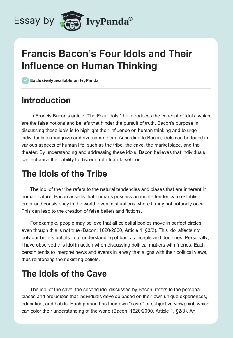 Francis Bacon’s Four Idols and Their Influence on Human Thinking. Page 1