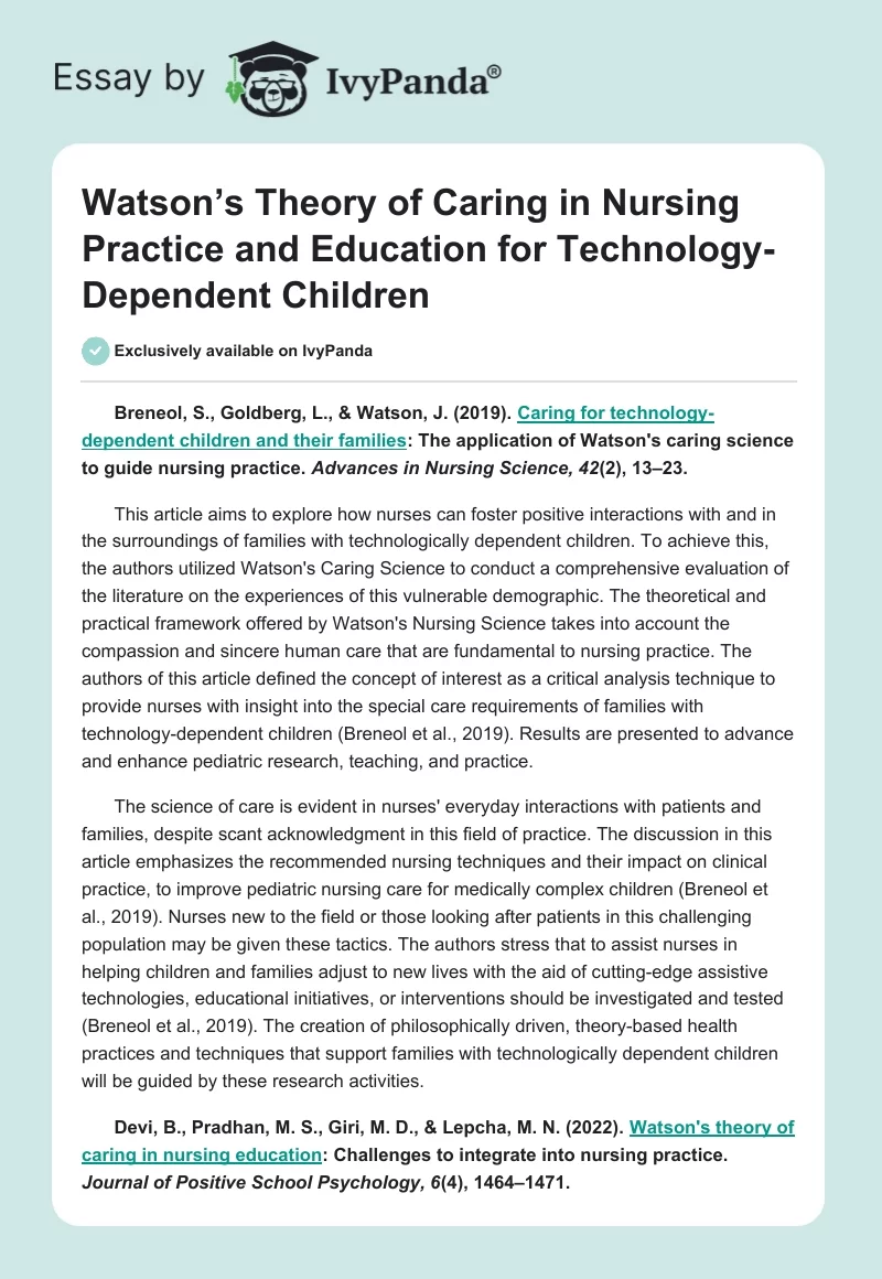 Watson’s Theory of Caring in Nursing Practice and Education for Technology-Dependent Children. Page 1