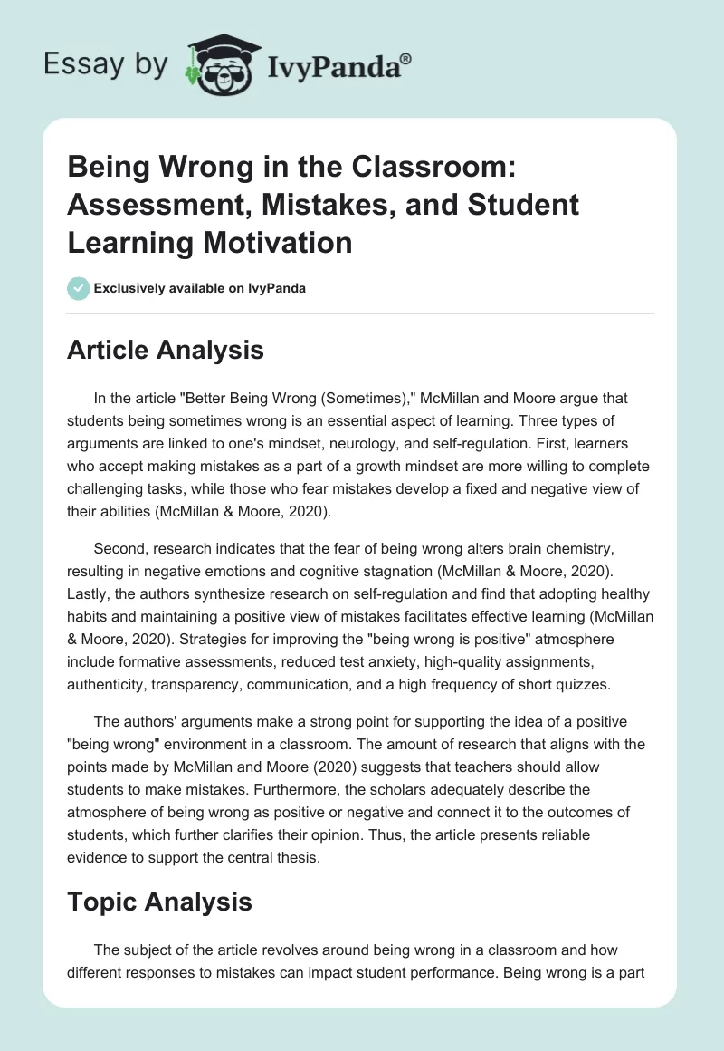 Being Wrong in the Classroom: Assessment, Mistakes, and Student Learning Motivation. Page 1