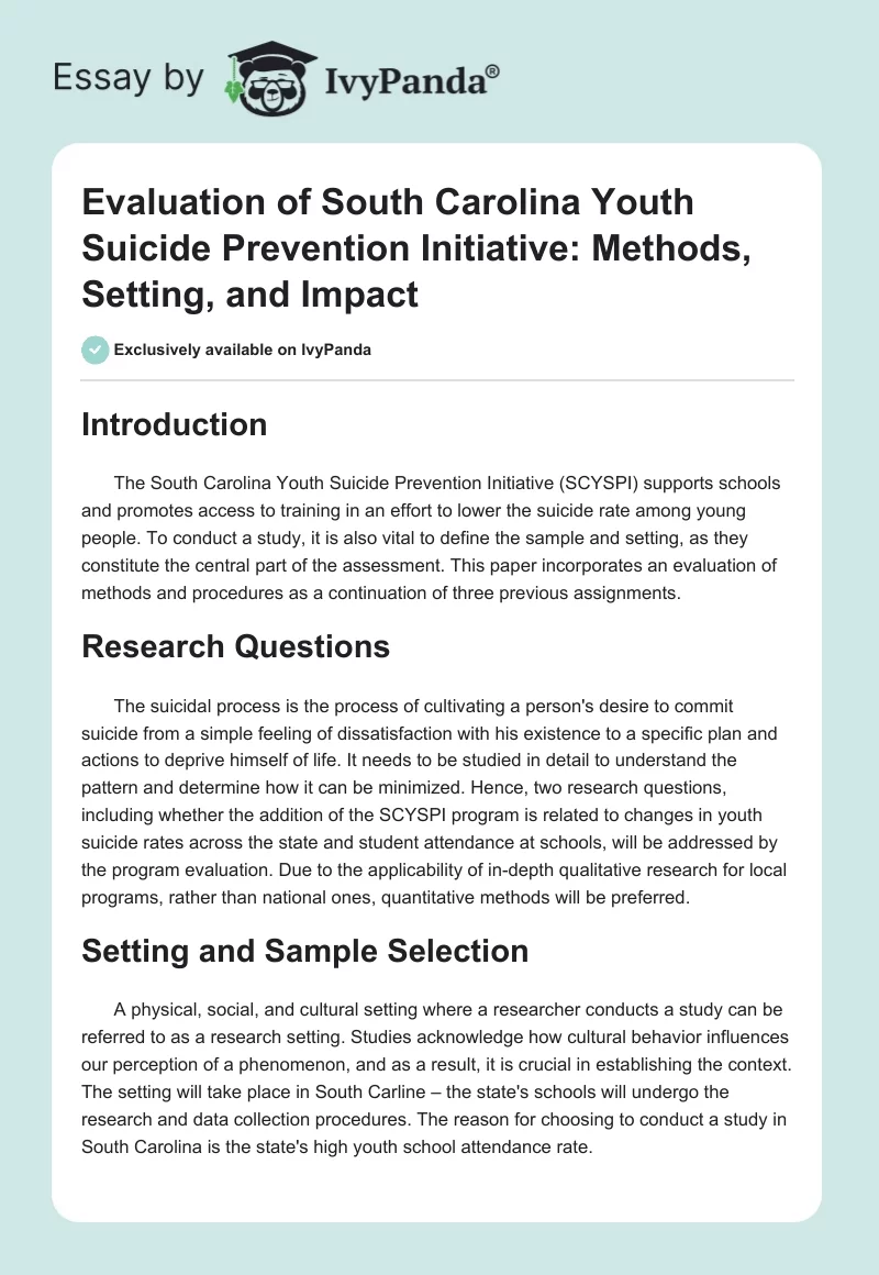 Evaluation of South Carolina Youth Suicide Prevention Initiative: Methods, Setting, and Impact. Page 1