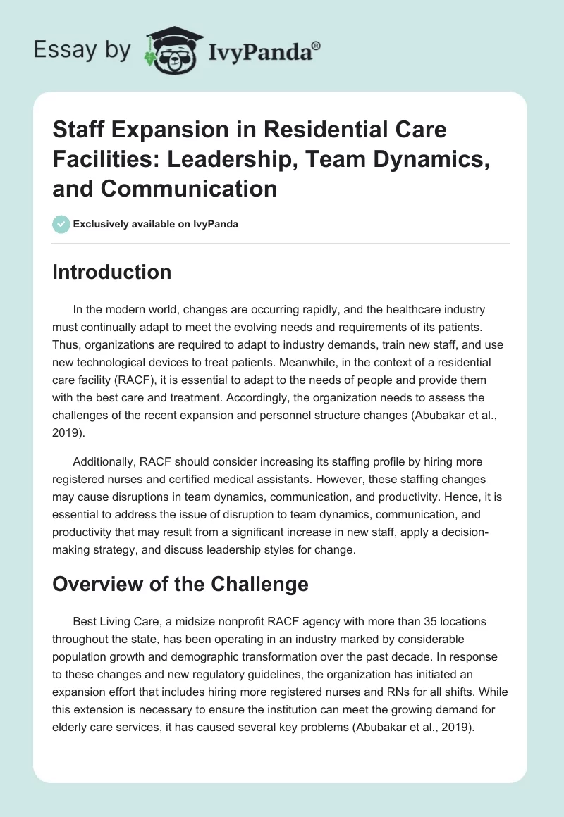 Staff Expansion in Residential Care Facilities: Leadership, Team Dynamics, and Communication. Page 1