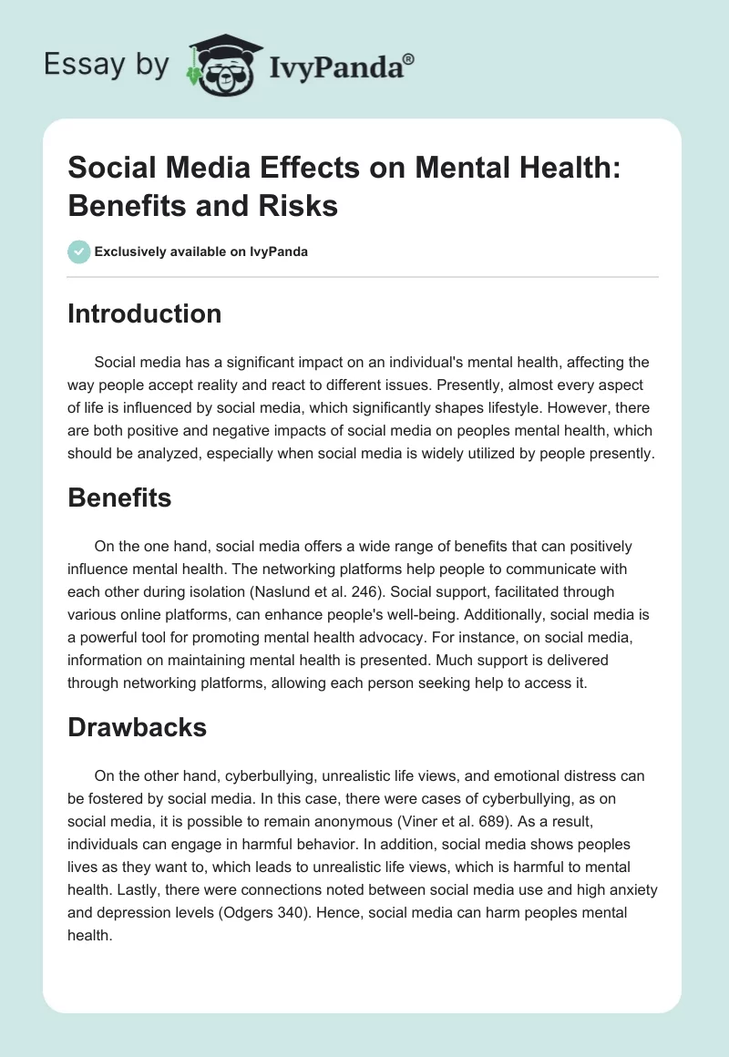 Social Media Effects on Mental Health: Benefits and Risks. Page 1