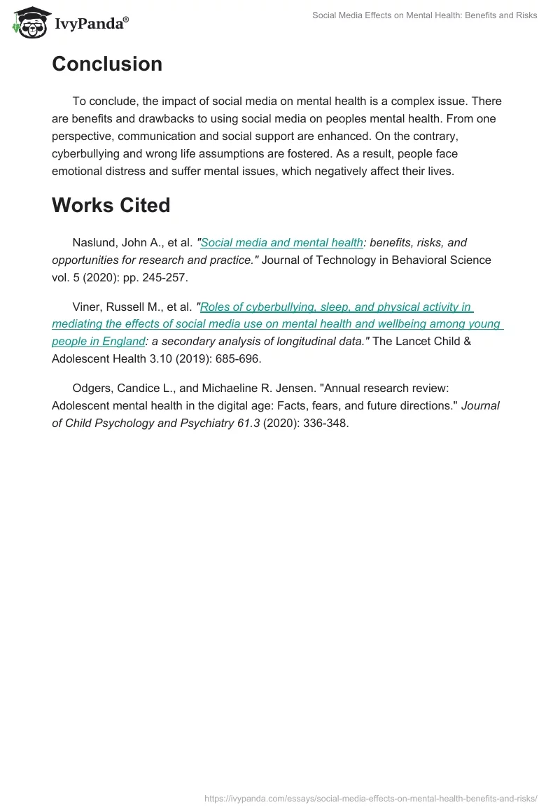 Social Media Effects on Mental Health: Benefits and Risks. Page 2