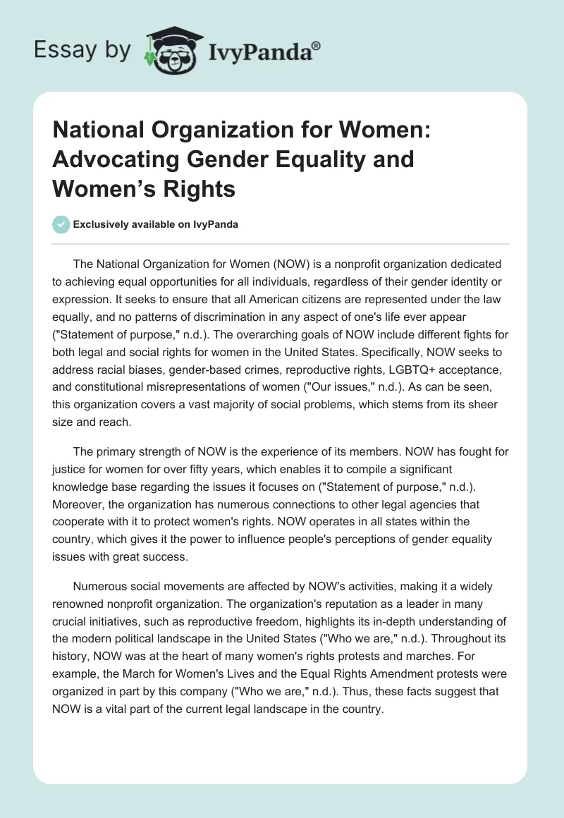 National Organization for Women: Advocating Gender Equality and Women’s Rights. Page 1