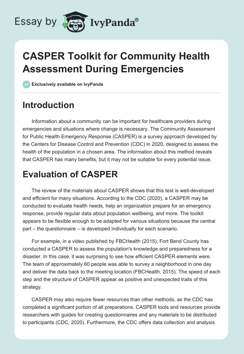 CASPER Toolkit for Community Health Assessment During Emergencies. Page 1
