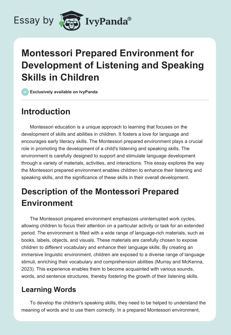 Montessori Prepared Environment for Development of Listening and Speaking Skills in Children. Page 1