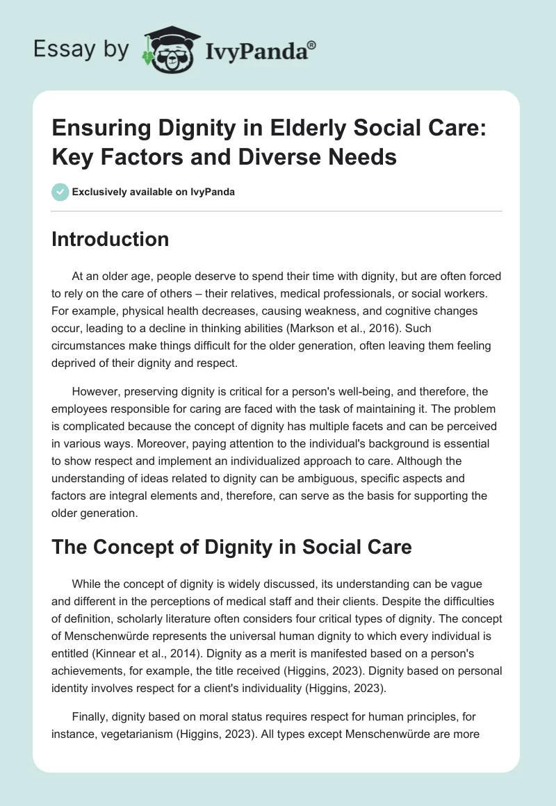 Ensuring Dignity in Elderly Social Care: Key Factors and Diverse Needs. Page 1