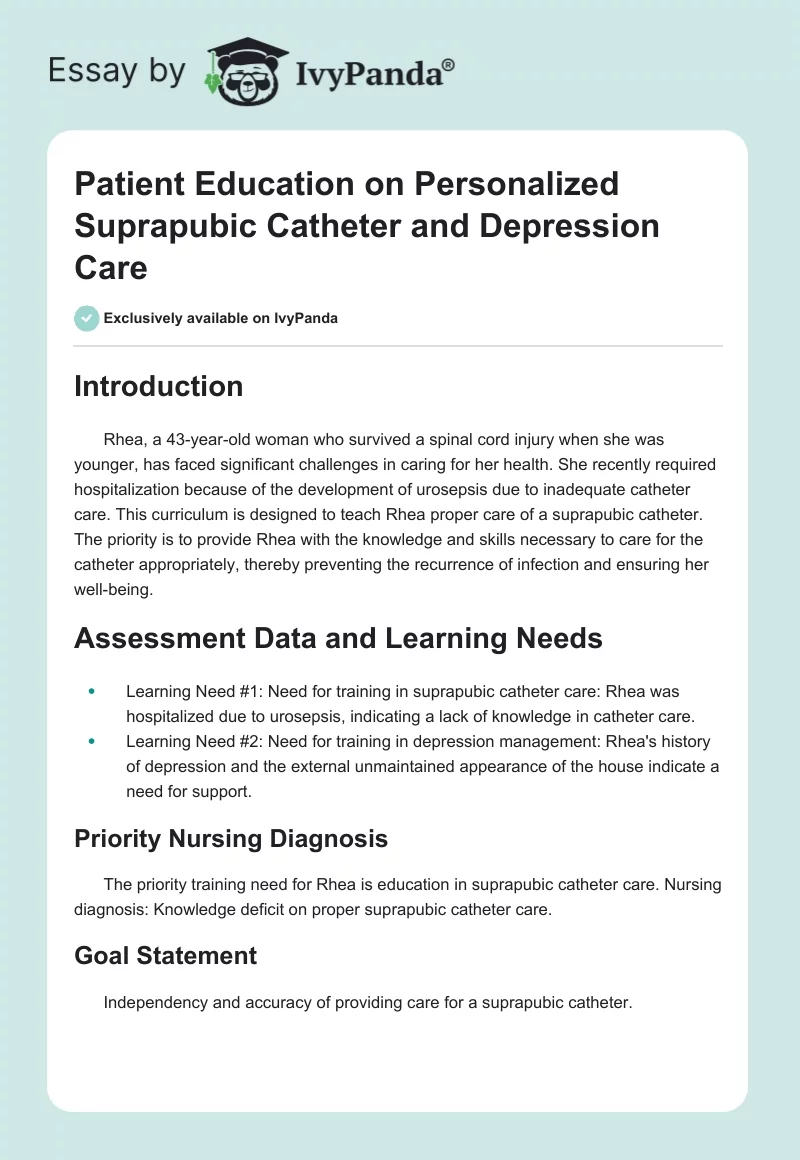 Patient Education on Personalized Suprapubic Catheter and Depression Care. Page 1