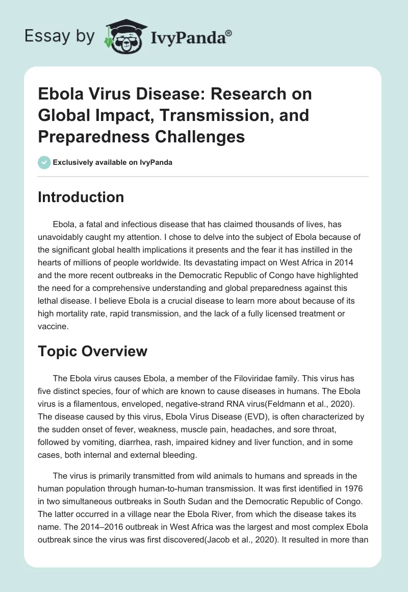 Ebola Virus Disease: Research on Global Impact, Transmission, and Preparedness Challenges. Page 1