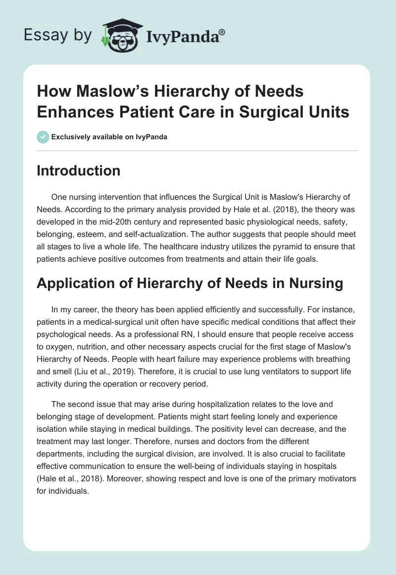How Maslow’s Hierarchy of Needs Enhances Patient Care in Surgical Units. Page 1