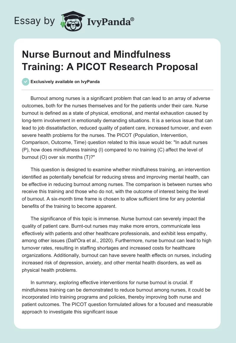 Nurse Burnout and Mindfulness Training: A PICOT Research Proposal. Page 1