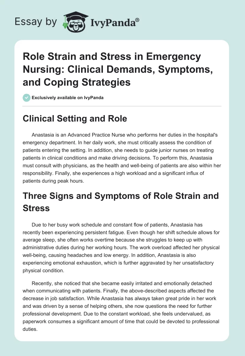 Role Strain and Stress in Emergency Nursing: Clinical Demands, Symptoms, and Coping Strategies. Page 1