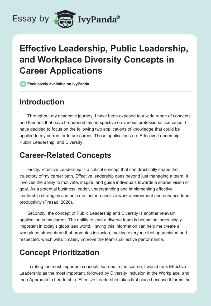 Effective Leadership, Public Leadership, and Workplace Diversity Concepts in Career Applications. Page 1