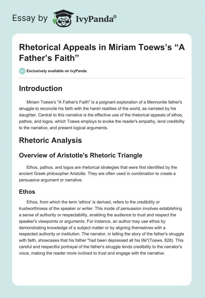 Rhetorical Appeals in Miriam Toews’s “A Father’s Faith”. Page 1