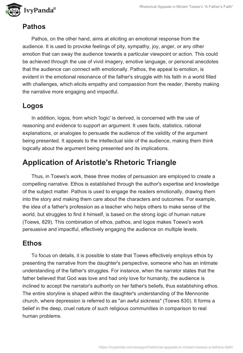 Rhetorical Appeals in Miriam Toews’s “A Father’s Faith”. Page 2
