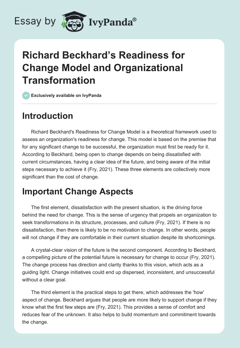 Richard Beckhard’s Readiness for Change Model and Organizational Transformation. Page 1