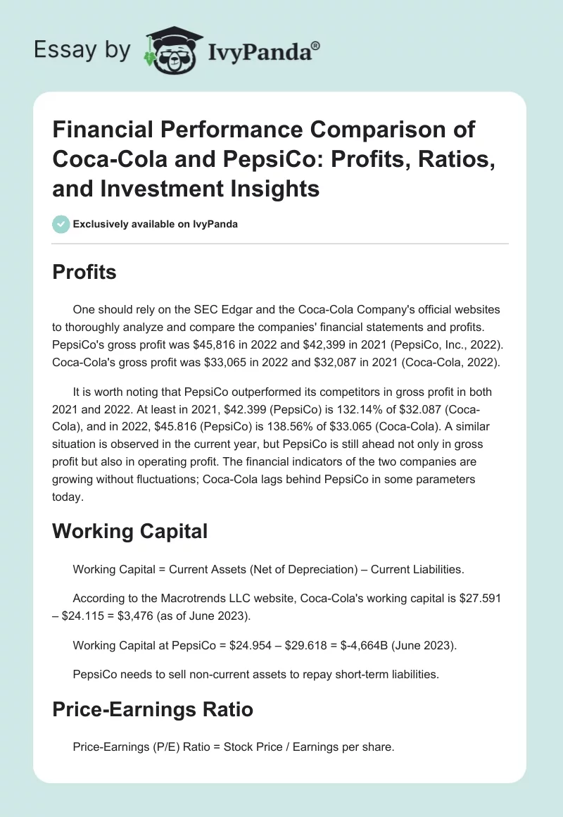 Financial Performance Comparison of Coca-Cola and PepsiCo: Profits, Ratios, and Investment Insights. Page 1