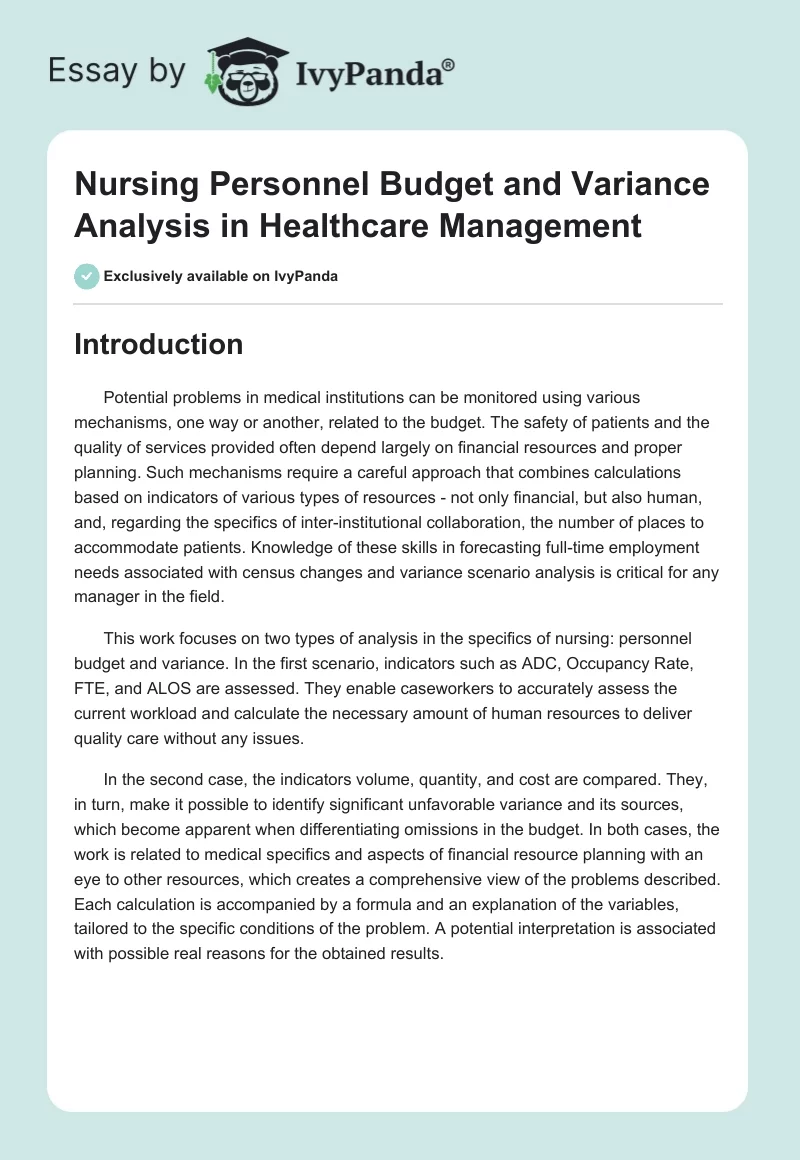 Nursing Personnel Budget and Variance Analysis in Healthcare Management. Page 1