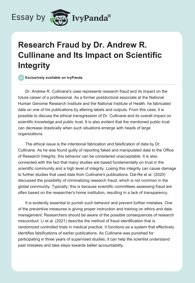 Research Fraud by Dr. Andrew R. Cullinane and Its Impact on Scientific Integrity. Page 1