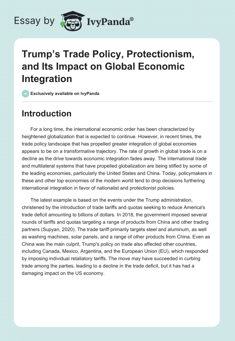 Trump’s Trade Policy, Protectionism, and Its Impact on Global Economic Integration. Page 1