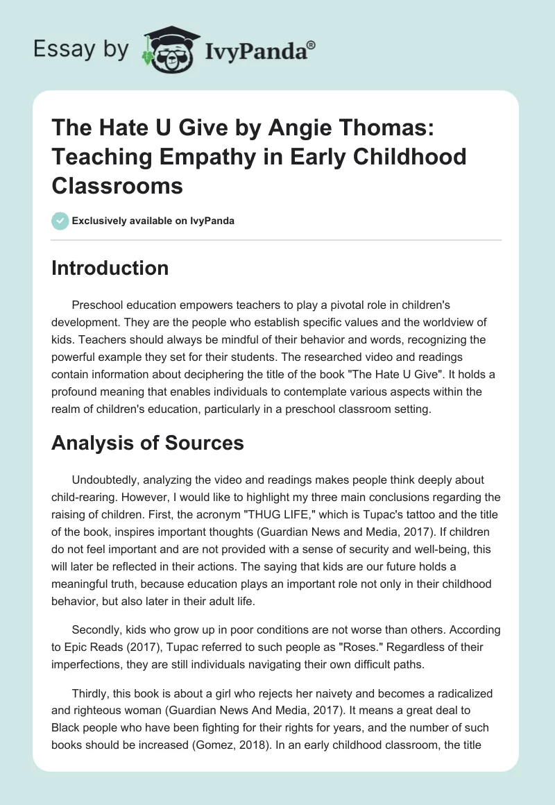 The Hate U Give by Angie Thomas: Teaching Empathy in Early Childhood Classrooms. Page 1