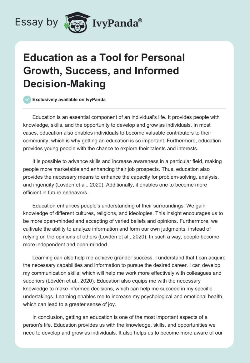 Education as a Tool for Personal Growth, Success, and Informed Decision-Making. Page 1