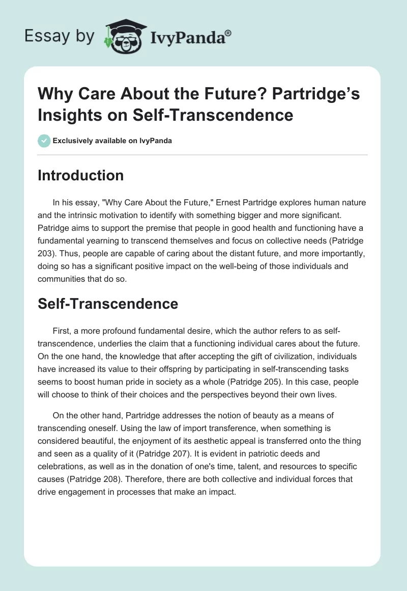 Why Care About the Future? Partridge’s Insights on Self-Transcendence. Page 1