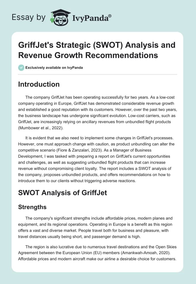 GriffJet's Strategic (SWOT) Analysis and Revenue Growth Recommendations. Page 1