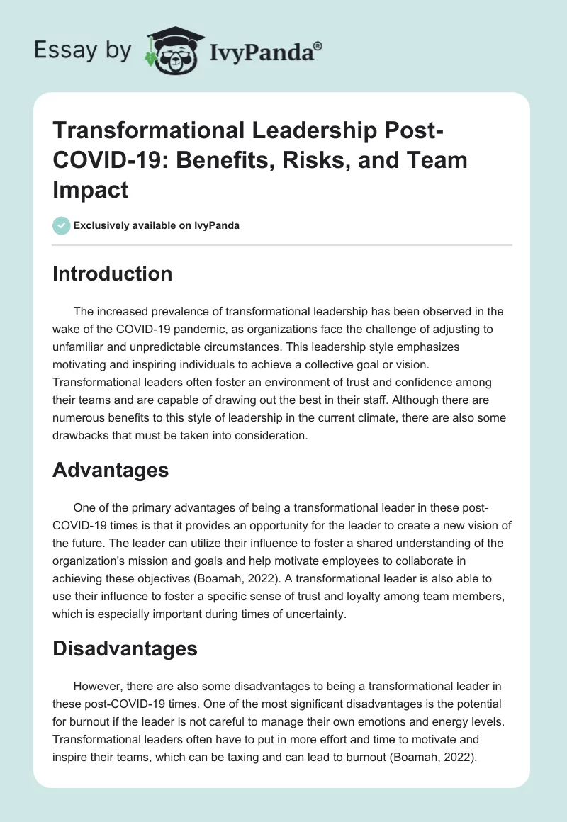 Transformational Leadership Post-COVID-19: Benefits, Risks, and Team Impact. Page 1